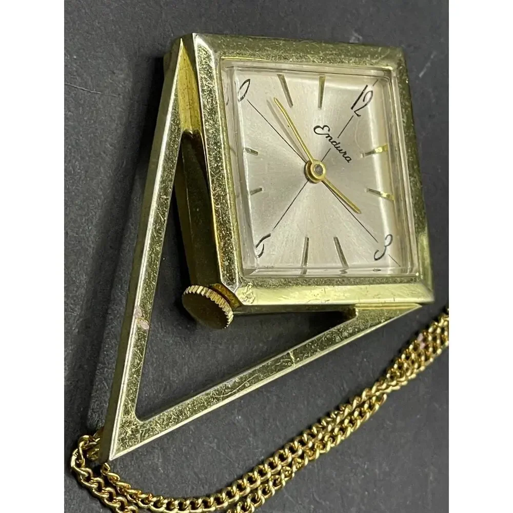 Vtg Endura 1970s Geometric Ladies Swiss Made Pendant Watch Necklace Gold Tone